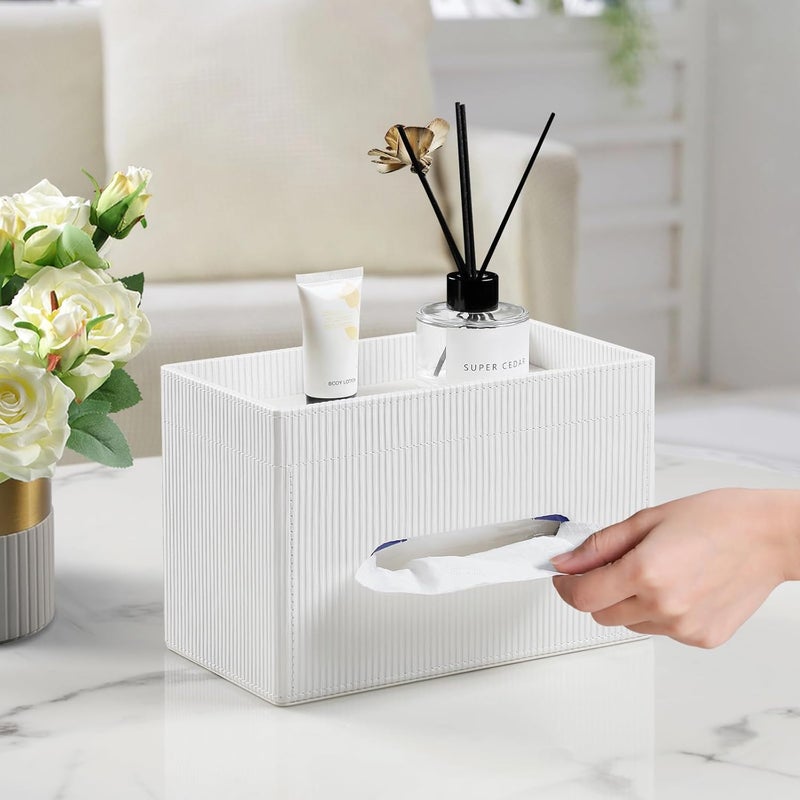 Cretkhp Tissue Box Cover Rectangle with Storage Tray, PU Leather Tissue Holder for Bathroom Vanity Countertop Night Stands Bedroom Office Desk, Stylish Rectangular Tissue Box Holder (Ivory) - Image 2